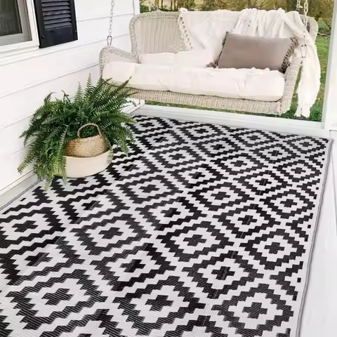 Black&white 6 X 9 FT Camping Rug for RV Mats Outside, Indoors, Outdoor Porches, Decks, Backyards, Ca