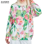 ZANZEN Korean Women New Blouse Vintage Long Sleeve Loose Causal Flora Printing Lapel Fashion Shirt B