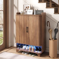 6-tier Shoe Cabinet With Tambour Slatted Sliding Doors, Entryway Shoe Storage Cabinet With Led Light