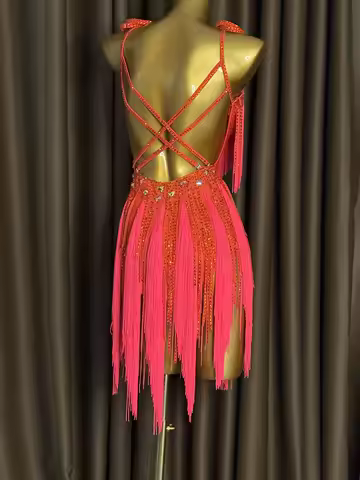 Latin Dance AB Stone Female Adult Children High end Customized Red Tassel Race Dress Tango Samba Tea