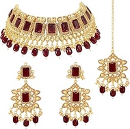 Gold Plated Green Kundan Traditional Choker Necklace Earring MaangTikka Jewellery Set for Women(AH-PF24N36)