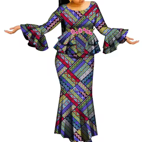 African Dresses for Women African Print Clothing Flare Sleeve Ruffled Tops and Long Skirts Dashiki W