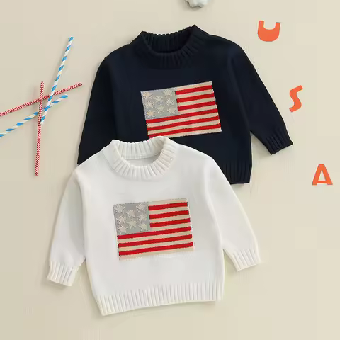 2025-02-11 Lioraitiin Kids Baby Girls Boys 4th of July Sweater US Flag Pattern Long Sleeve Crew Neck