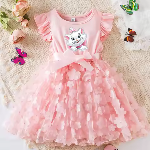 Marie Cat Girls Summer Dress Cartoon Bow Tutu Dress 3D Butterfly Cute Cotton Party Casual Dress for 