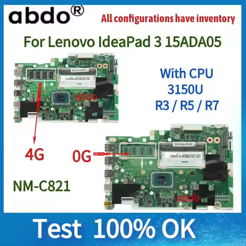 For Lenovo IdeaPad 3 15ADA05 Laptop Motherboard.NM-C821 Motherboard.W/3050U R5 R7 AMD CPU.4GB RAM 10