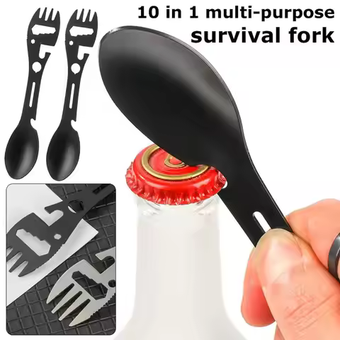 10 in 1 Outdoor Spork Fork Spoon Stainless Steel Wrench Camping Survival Tool Whistle Multi-function