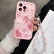 เคสโทรศัพท์แฟชั่นเรียบง่ายกันกระแทกสีชมพูลายผีเสื้อพร้อมสายโซ่ผีเสื้อ เข้ากันได้กับ iPhone 16/ 15, เ