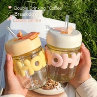 Ins High-value HOHO Double Drinking Glass Straw Water Cup Portable Coffee Juice Cup Student Cute Por