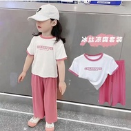 ALENA Seluar Kanak Kanak Perempuan Baju T Shirt Budak Perempuan Girl Clothes 1 To 12 Children's Suits, Girls' Summer Clothes, Girls' Short-sleeved Tops, T-shirts, Ice Silk Wide-leg Pants, Baby Two-piece Suit