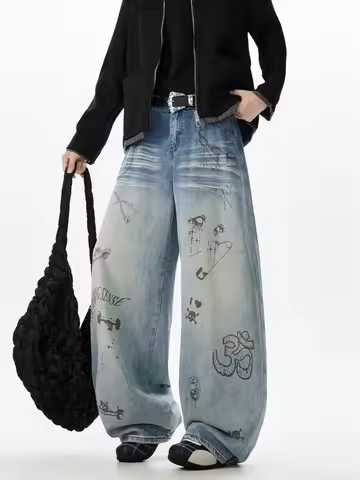 Men's Y2K Jeans Hip Hop Baggy Denim Pants Spiderweb Graphic Jeans Goth Denim Joggers Streetwear