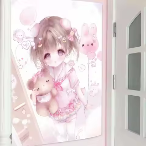 Original Cute JK Girl Tapestry Galgame Pink Series Wall Hanging Home Decor Kawaii Room Aesthetic Bac