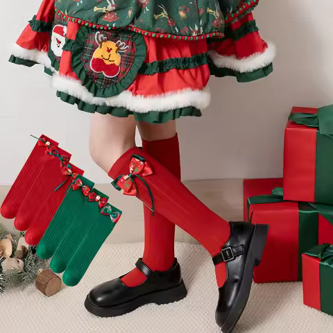 Baby Kids Christmas Socks for Girls Autumn Winter 2025 Kids Cute Red Green Bowknot Stocking Xmas Lon