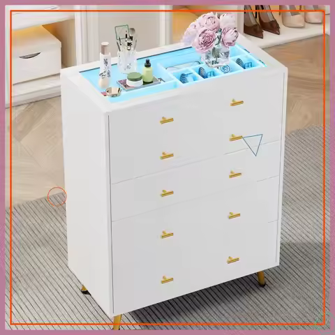 Modern White Closet Island with LED Lights, Glass Top & 5 Drawers - Jewelry Dresser Display for Bedr