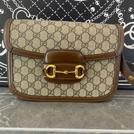 GUCCI/古馳 1955 中號老花Logo 帆布拼皮革馬鞍包