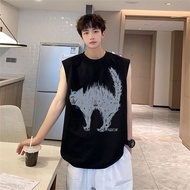 men casual sleeveless tank top grunge black cat graphic front print streetwear loose fit daily outfi
