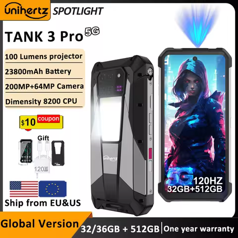 Unihertz Tank 3 Pro 8849 Rugged 5G Phone with 100 Lumens Projector Android 14 32GB 512GB 23800mAh Wa