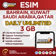 eSIM Bahrain,Kuwait,Qatar & Saudi Arabia Daily Unlimited Data 1-7 Days Activated Instantly (3GB)