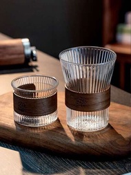 帶手柄的縱條紋單層玻璃杯,耐熱厚身,適用於家居、咖啡、茶、早餐、牛奶,日式風格