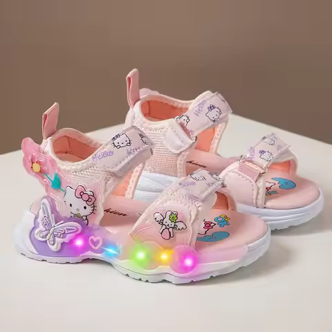 Sanrio Hello Kitty Girls Led Lights Flat Sandals Melody Children Shoes Cartoon Princess Shoes Teenag