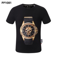 Nam Chất Lượng Cao Philipp Plein In Đồng Hồ Tay Ngắn Vải Cotton Áo Thun Áo PP Áo Phông Độc Đáo