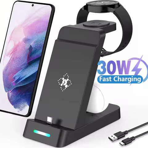 30W 3 in 1 Wireless Charger Stand Type C Fast Charging Dock Station For iPhone 15 Samsung S22 S21 Sa