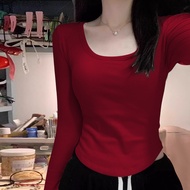 92 Cotton 8 Spandex Slim-Fit Elastic Women Square Collar Solid Color Hem Curved Long-Sleeved T-Shirt
