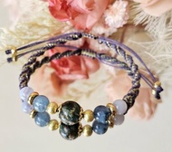 莫內花園-雙色蠟線編織手鍊/藍晶共生綠祖母晶/魔鬼海藍寶/藍紋瑪