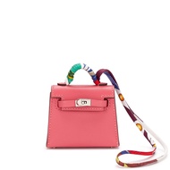 Hermès Rose Lipstick Tadelakt Micro Mini Kelly Twilly Bag Charm Palladium Hardware, 2022