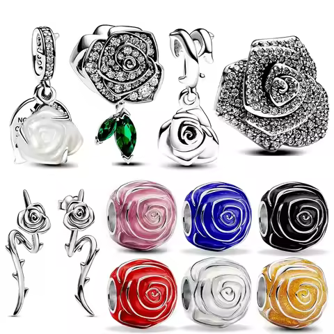 925 Sterling Silver Grand Rose Bloom Collection Fit Original Charm Beaded Necklace Earrings Women's 