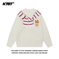 เสื้อสเวตเตอร์คอวีสีแดงสไตล์อเมริกันย้อนยุค K787 สำหรับผู้ชายและผู้หญิง สายรัดสร้อยคอแบบลำลอง ฤดูหนา