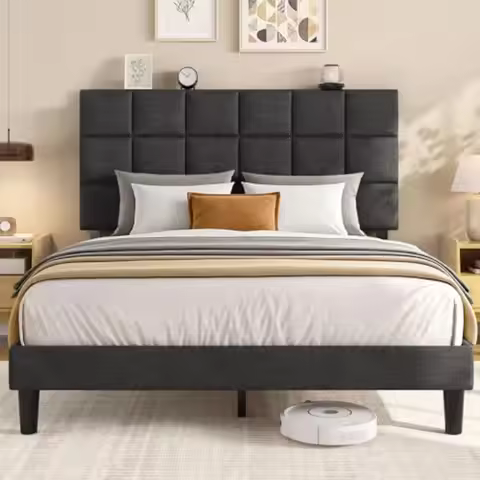 Queen Platform Bed Frame with Linen Upholstered Adjustable Tall Headboard, No Box Spring Needed, Ant