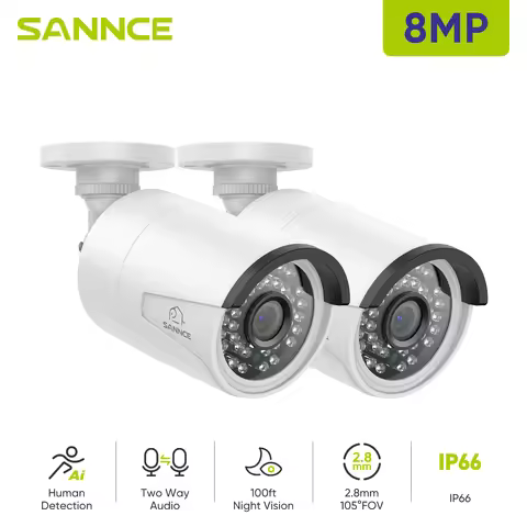 SANNCE 2pcs 3MP/5MP/8MP POE Camera Network Bullet Night Vision Email Alert Camera Kit Outdoor Waterp