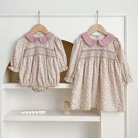 ‌2025 Spring Fall Twin Girls Floral Print Romper Clothes Matching Outfit Kids Long Sleeve Princess S