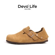 รองเท้าแตะผู้หญิง Devo แบบสวมหัวเข้ารูปสไตล์เรโทรสบายๆ ส้นแบน พื้น EVA หนังวัวแกรนด์ มีสายรัดข้าง ทร