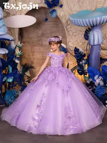 Girls Purple Beaded 3D Floral Princess Gown Wedding Guest Clothes 2-14Y Glamorous Off Shoulder Kids 
