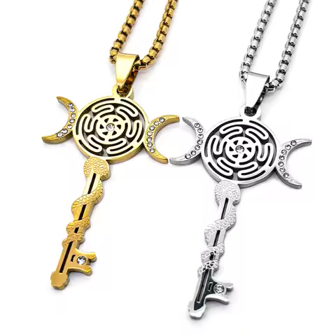 Witchcraft Triple Moon Goddness Key Shape Rhinestones Hekate Stainless Steel Pendant Necklace Hecate