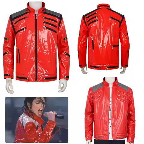 Punk Michael Jackson Red Jacket Cosplay MJ MICHAEL JACKSON CUSTOM Classic Beat It MV Red Zipper Leat