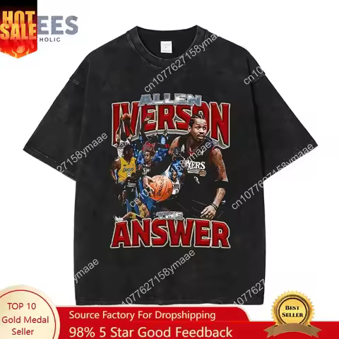 Basketball Player T Shirt Hip Hop Streetwear Vintage Washed Allen Iverson Top Tee Short Sleeve Haraj