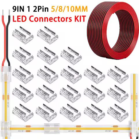 20 Pack 2pin COB LED Strip Connector 8 In1 Kit for 5/8/10mm PCB LED Light Strip L/T/X Shape Board to