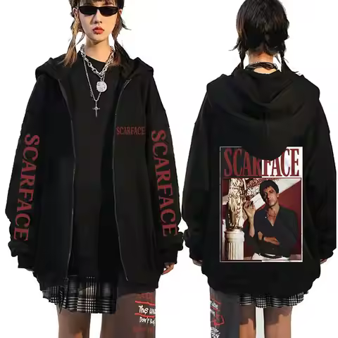 90s Vintage Movie Scarface Tony Montana Zipper Hoodie Al Pacino Print Hoodies Men Women Rock Punk Ca