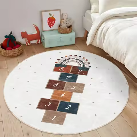 Boy Round Rug Hopscotch Floor Carpet Animals Non Slip Circle Rugs Anti Slip Mat Playground Area Rugs