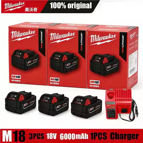100% Milwaukee Original 6000mAh M18 18V Battery,M18B6 M18B5 Suitable for Milwaukee Power Tools Recha