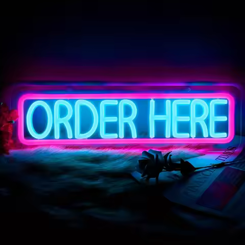 Order Here LED Neon Sign Wall Art - Vibrant Supermarket Decor for Cashier Stations & Bars, Durable R