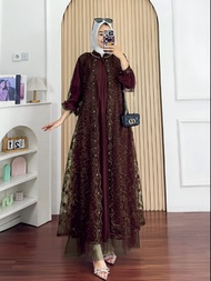Saluna Dress Brokat Mewah Set Outer Model Terbaru 2025 Bahan Silk Pemium / Maxi Gamis Wanita Muslim
