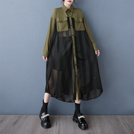 XITAO Patchwork Mesh Full Sleeve Single Breasted Dress Casual Solid Color Temperament A-line Turn-do