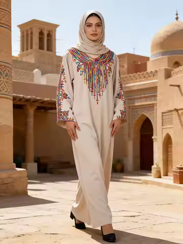 New Luxury Multicolor Embroidered Fringe Abaya Maxi Dress Women Muslim Turkish Kaftan Ramadan Jalabi
