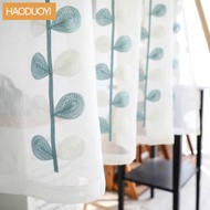 1 PCS Rod Pocket Short Curtain for Kitchen Blue Leaves Embroidered White Ball tassel Tulle Half-Curtain Door Corridor AD309H
