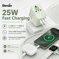 Etman ACDS35 Universal Travel Adapter 25W GaN Fast Charger 2 USB-C + 1 USB-A 2500W Max Power Travel 