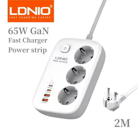 LDNIO Power Strip EU Standard Plug 3 Outlets with PD 65W 4 USB Fast Charging 2M Extension Cable Netw