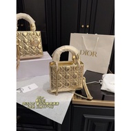 DIOR Dior Lady Dior Rattan Plaid Metal Chain Calfskin Shoulder Handbag Mini Women Metal Bronze